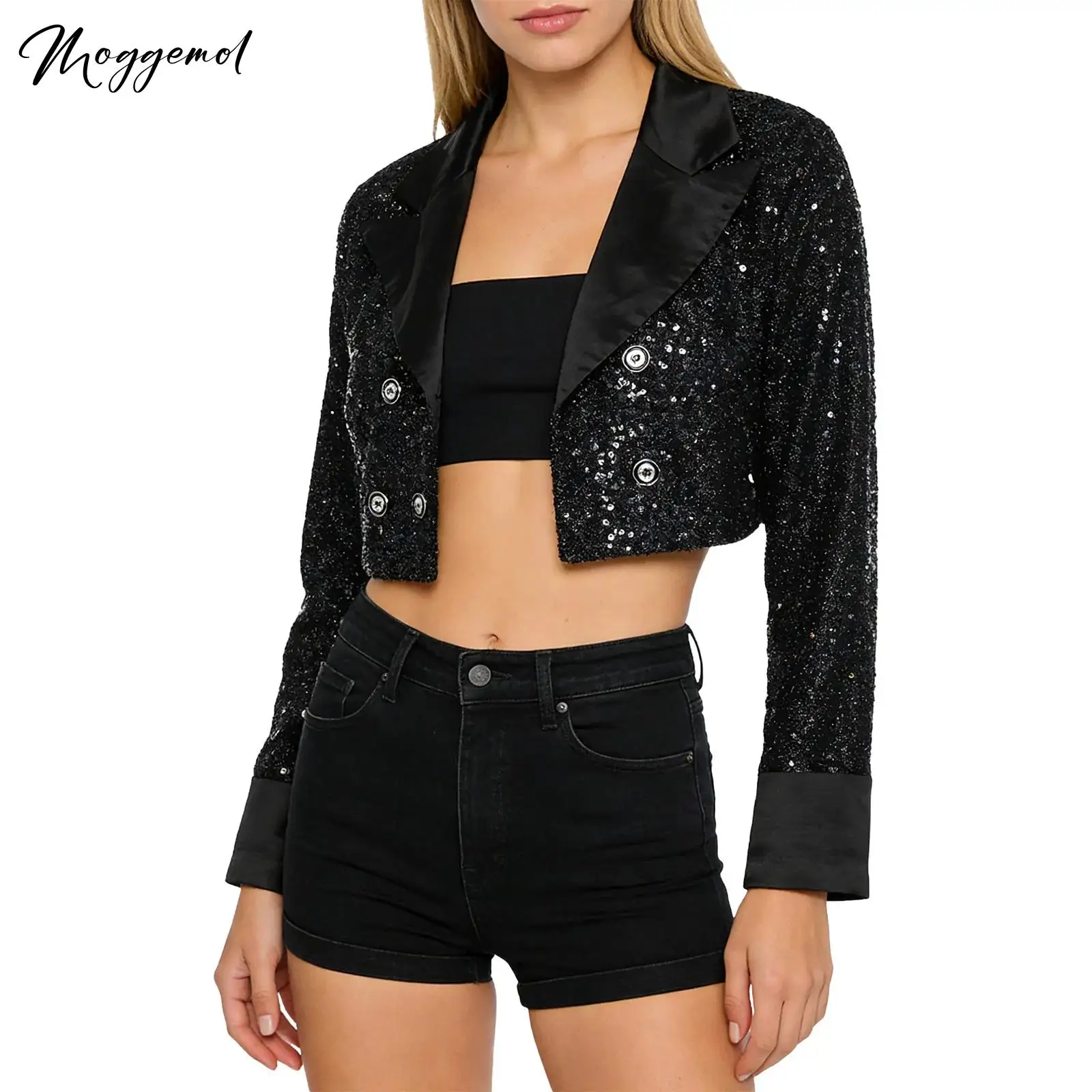 

Womens Shiny Sequin Cardigan Blazer Satin Lapel And Cuffs Double-breasted Closure Long Sleeve Cropped Jacket Suit Outerwear