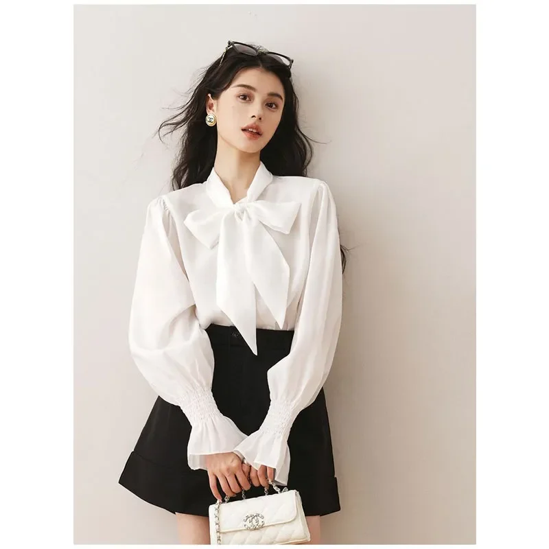 Womens Y2k Tops 2024 Autumn New French Fashion Bow Long-Sleeved Shirt Temperament Drape Chiffon Shirt Commuter Bottoming Shirt