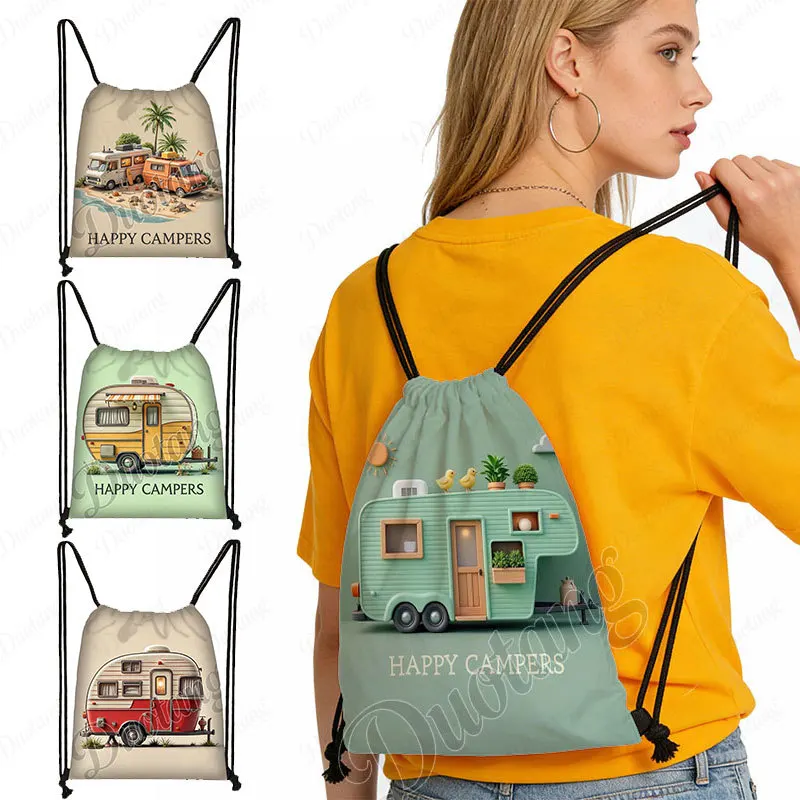 Campervan Happy Camper Graphic Pattern Backpack Recreational Vehicle Drawstring Bag Large Storage Bag Shoe Holder Bookbag