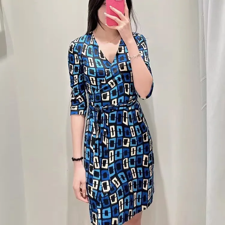 

Ele Dry Blue Chain Print Wrap Dr Nel Seven Sve Bodycon Belted Open Sle for Ladies Autumn Season Faion