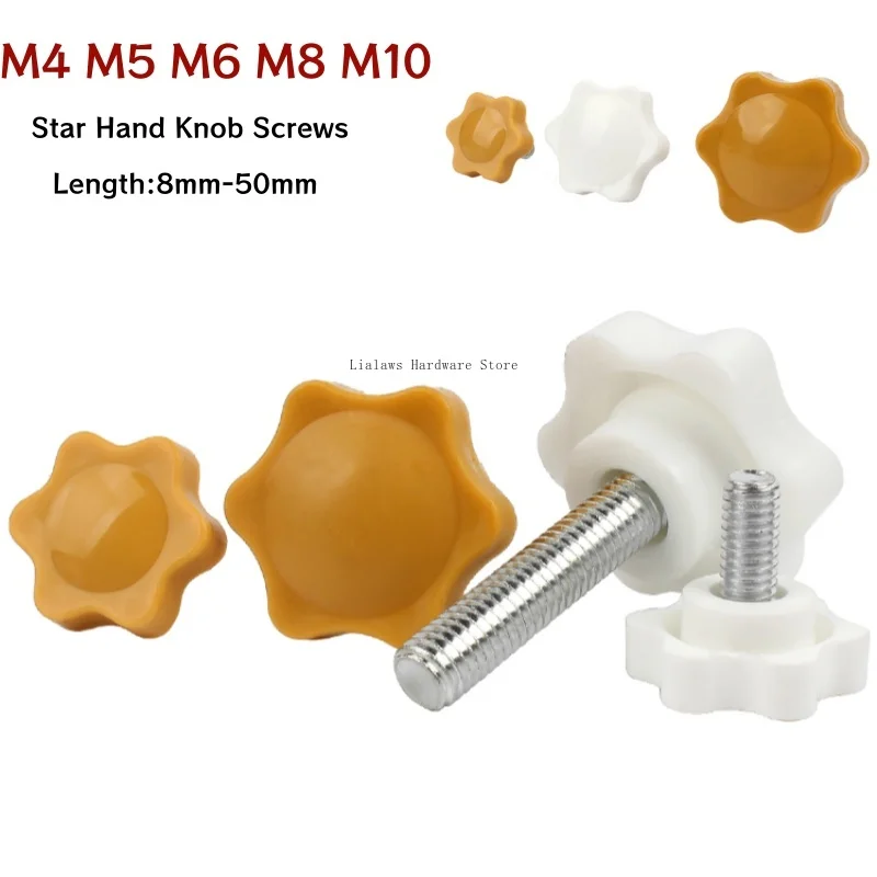 M4 M5 M6 M8 M10 Yellow/White 6-Lobe Star Knob Thumb Screw, Carbon Steel Zinc-Plated Bakelite Handle Hand Tightening Bolt
