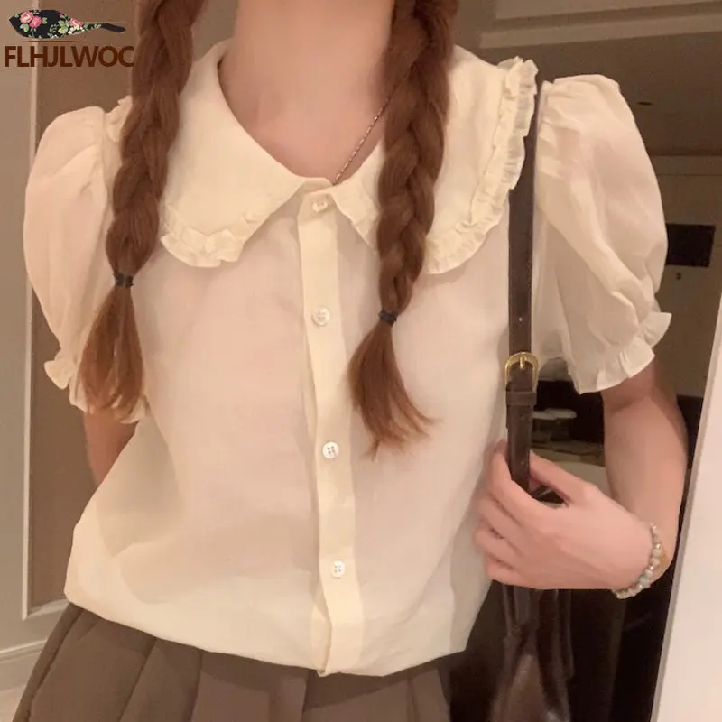 Retro Cute Chic Tops Hot 2023 Women Summer Korea Japan Style Design Peter Pan Collar Button Shirt Blouse FLHJLWOC Design Vintage