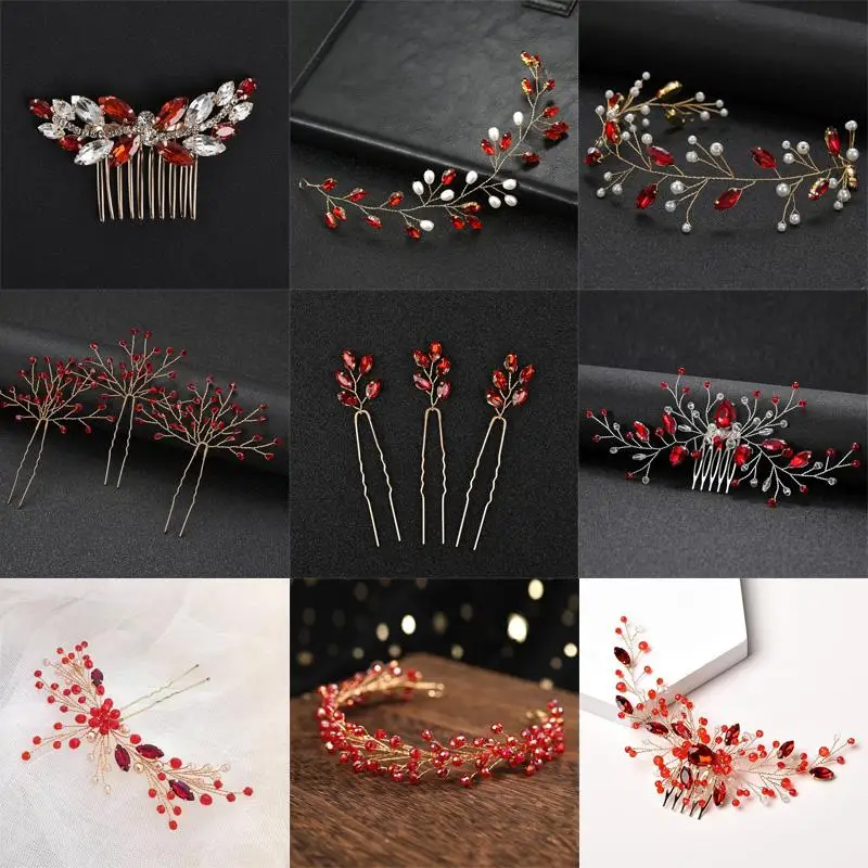 Red Luxury Crystal Bridal Headpiece Handmade Hairpins Hair Comb Bride Crown for Women Party Wedding Hair Accessories Tiaras