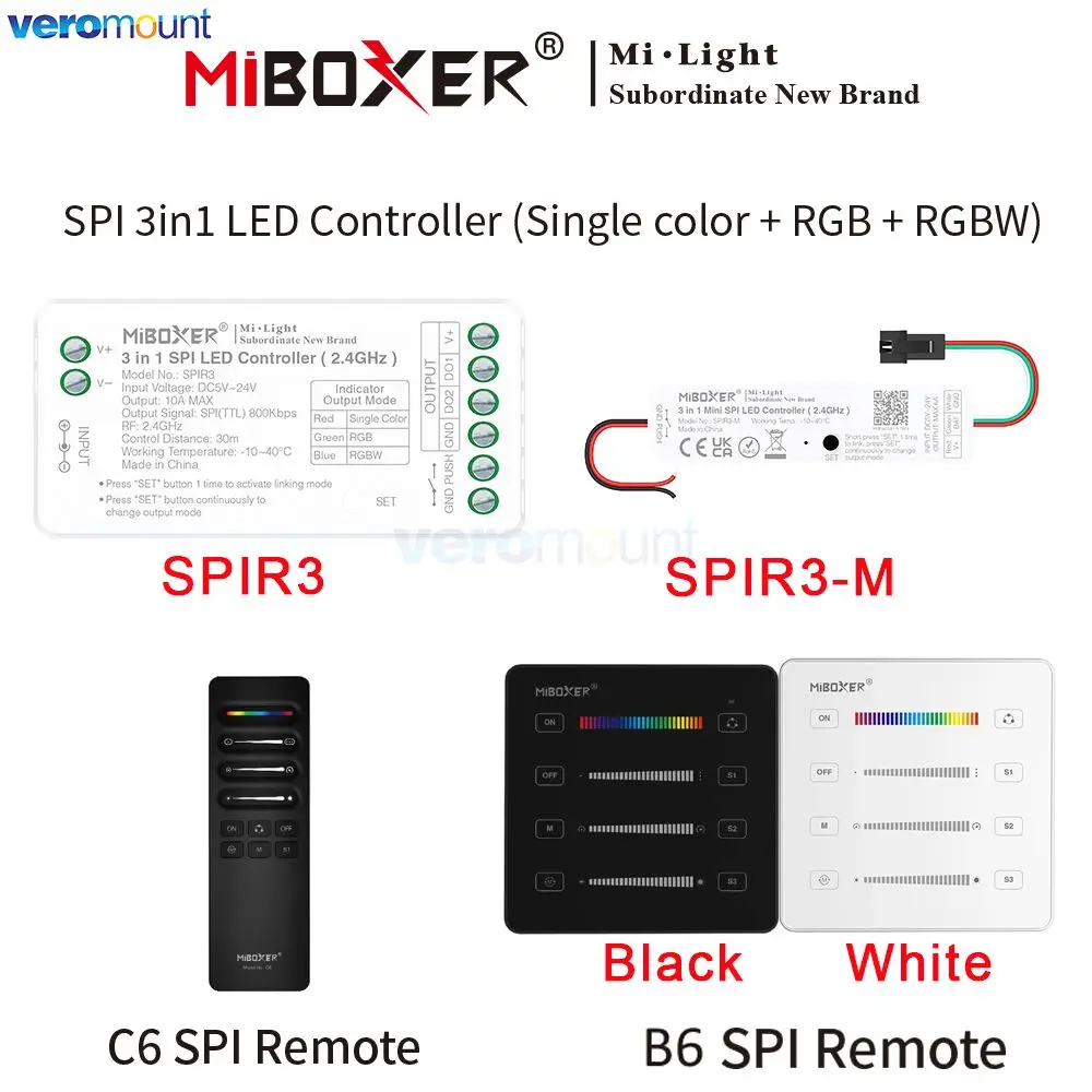 Контроллер MiBoxer SPI женский спиральный 3 в 1, Одноцветный + RGB + RGBW для Пиксельной ленты WS2812 TM1812 с пультом дистанционного управления RF B6 C6