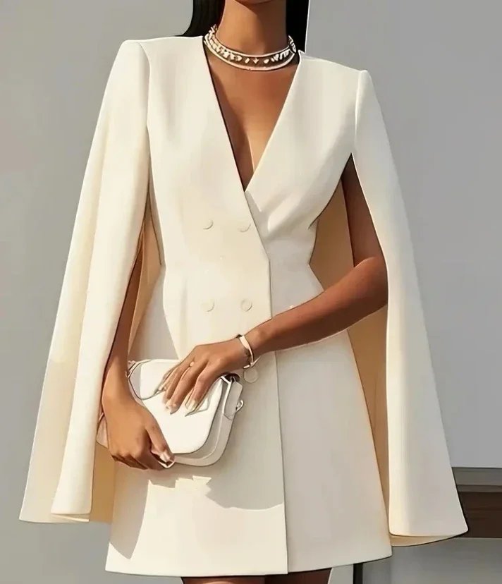 Women Dresses 2025 Spring Autumn New Commuting Double Breasted Shawl Cape Solid Color V-Neck Mini Dress Fashion Women's Clothing