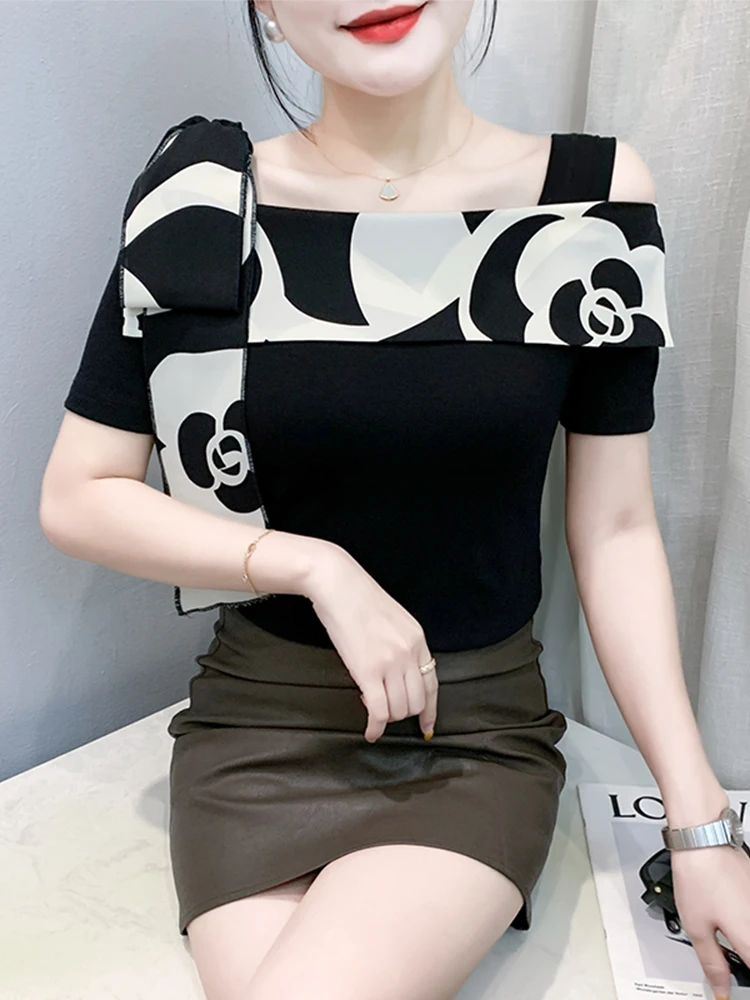 เสื้อเปิดไหล่เดี่ยว ผ้าทีร์ต สำหรับผู้หญิง แฟชั่นฤดูร้อน ดีไซน์สุดเซ็กซี่ ทรงเข้ารูป