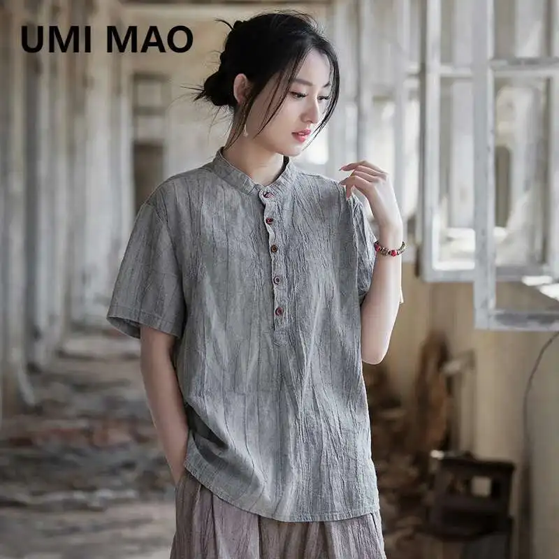 UMI MAO Summer Top Women New Ramie Thin Tie Dyed Short Sleeve Shirt Artistic Personality Half Sleeve Round Neck Women's T-shirt