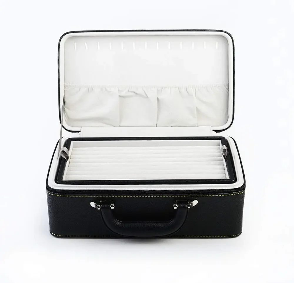 Black Leather Jewelry Box Handmade Travel Jewelry Organizer Storage Case Holder For Girl Lady Earring,Ring,Necklace