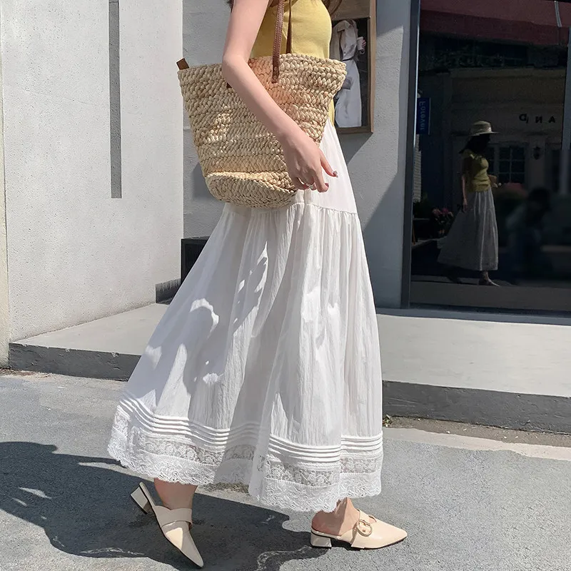 

Harajuku Japan Minimalist Lace Trim White A-line Skirt Women Summer Elastic Waist Hollow Out Umbrella Mori Girl Preppy Midi Skir