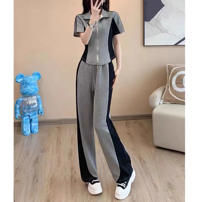 Fashion Young Motion Matching Sets Women Summer Loose Korean High Waist Short Sleeve Trousers Casual Panelled Two Piece Suit