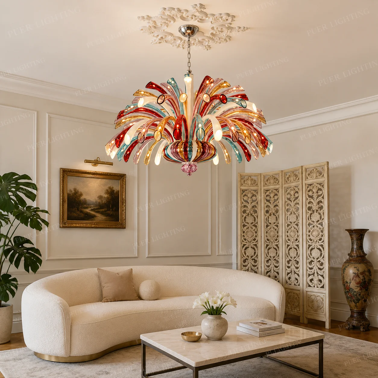 Colorful Crystal Glass Chandelier Murano Style Luxury Vintage Hanging Light For Villa High Ceiling Lamp Living Dining Decor