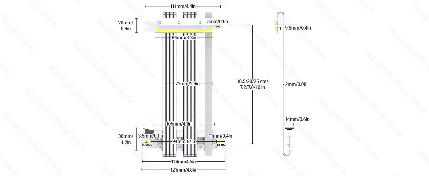 RAGEER PCIe 5.0 Dual Reverse GPU Riser-Kabel 128Gbps 30AWG Doppelt Abgeschirmtes Flachkabel Dual Reverse Verlängerungskabel für ITX-Gehäuse – Detail 20