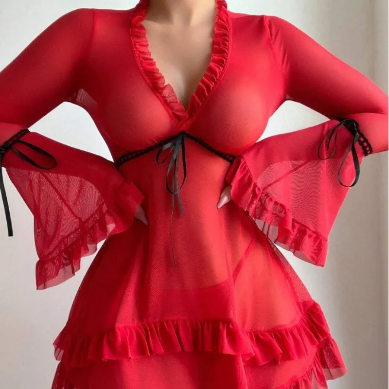 

New Sexy Costumes Hot Thin Mesh Horn Sleeves Fungus Edge Erotic Underwear Set Sensual Lingerie Erotic Thong Sleepwear Uncensored