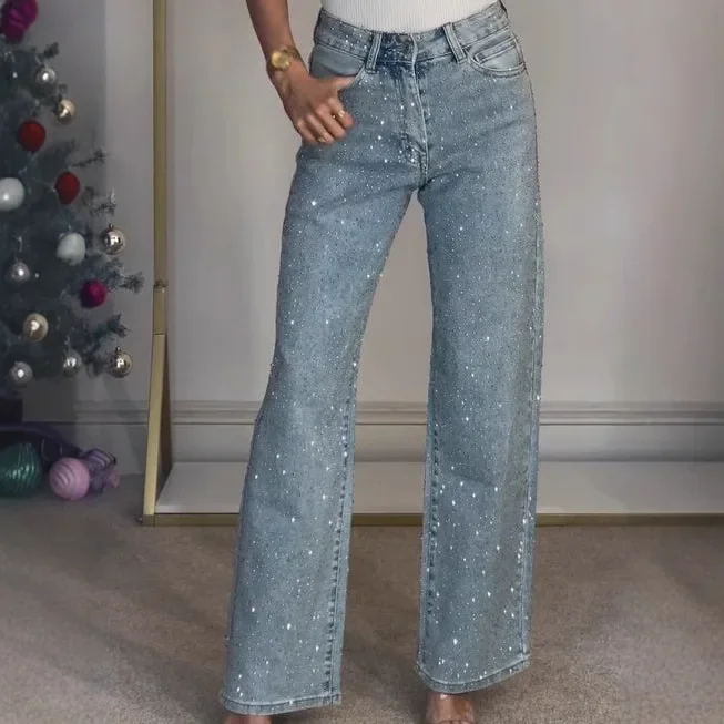 

Fashion Women Diamonds Jeans High Waist Washed Straight Denim Pants Vintage Casual Jeans Street wear Y2k Trousers