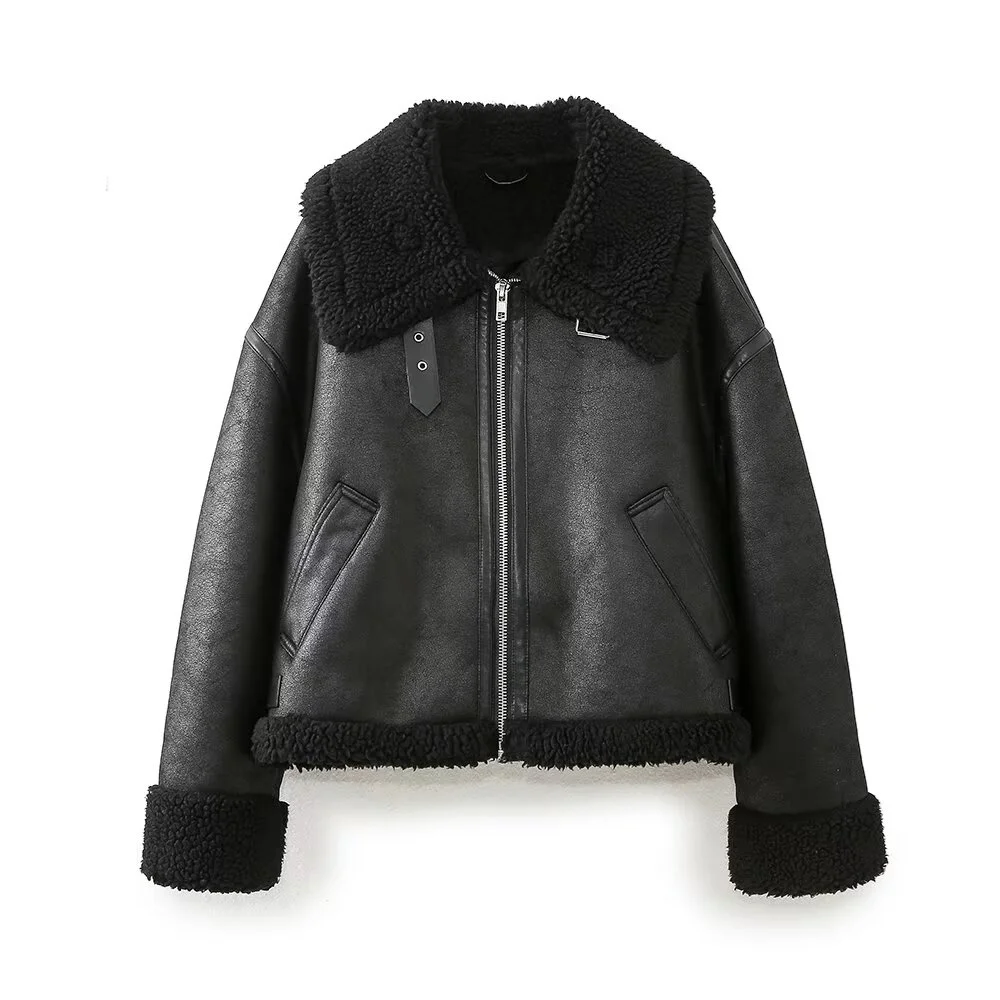 TRAF 2024 Autumn New Product Women\'s Casual Loose Fur One Piece Collar Double sided Motorcycle Style Imitation Leather Jacket