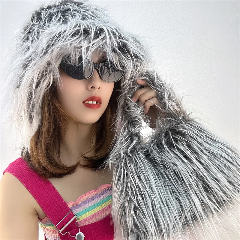 Women Winter Faux Fur Bucket Ha Outdoor Girls\' Fluffy Female Luxury Furry Fur Bag Fur Cap Hat Fashion Warm Sets