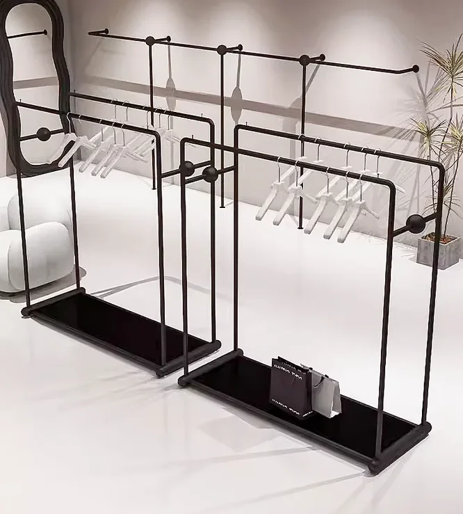 

Clothing store island display rack, floor standing iron black double row hanging clothes rack, women's clothing store shelves