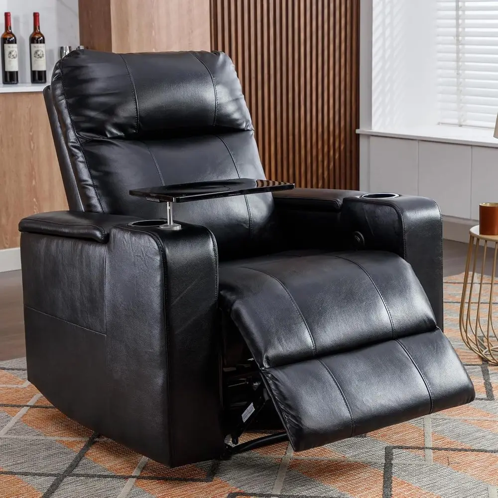 Black Leather Power Recliner with USB Ports, Swivel Tray, Cup Holders and Hidden Arm Storage for Home Theater