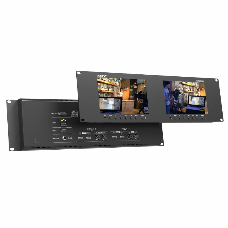 Dual 7 inch Rack Mount Audio Video Monitor for TV Broadcasting Equipment & Live Streaming with 3G-SDI 4K HDMI 2.0 LAN