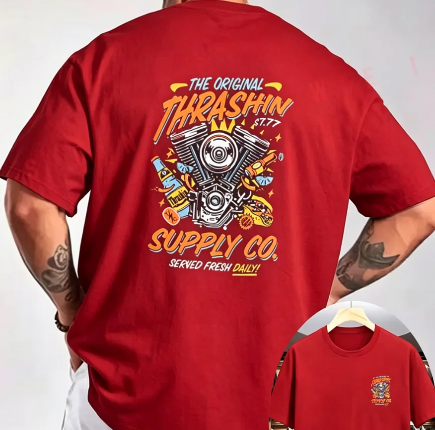 2026 Men's Oversized T Shirt Vintage Motorcycle Engine Graphic Print Short Sleeve Cotton Unisex Tee