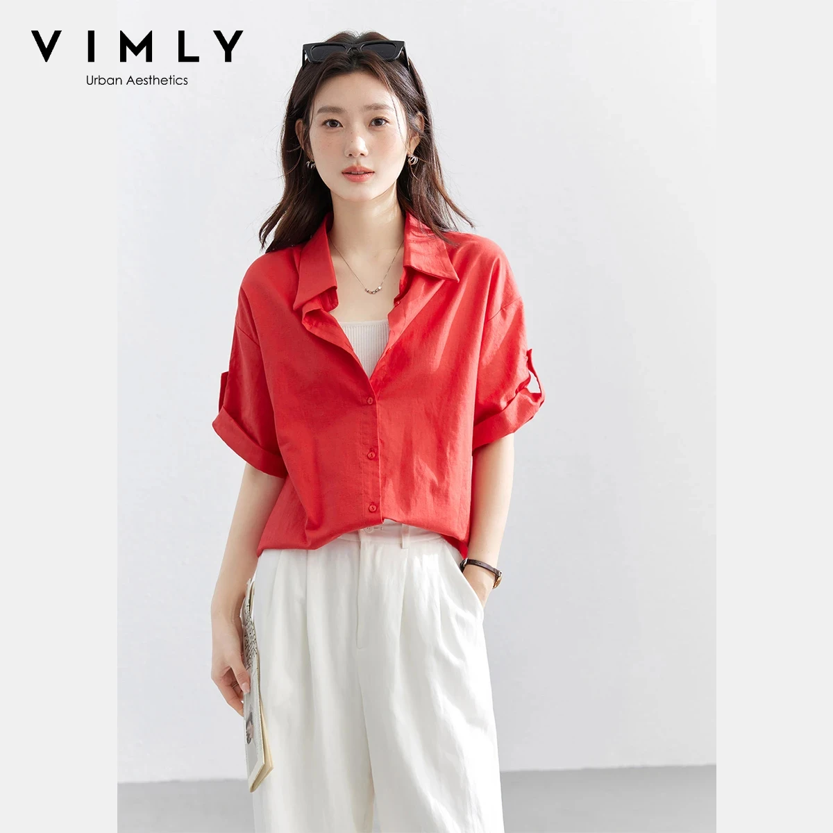 

VIMLY Women's Minimalist Office Blouse 2026 Summer New Red Linen Cotton Lapel Collar Casual Versatile Short Sleeve Shirt 30912