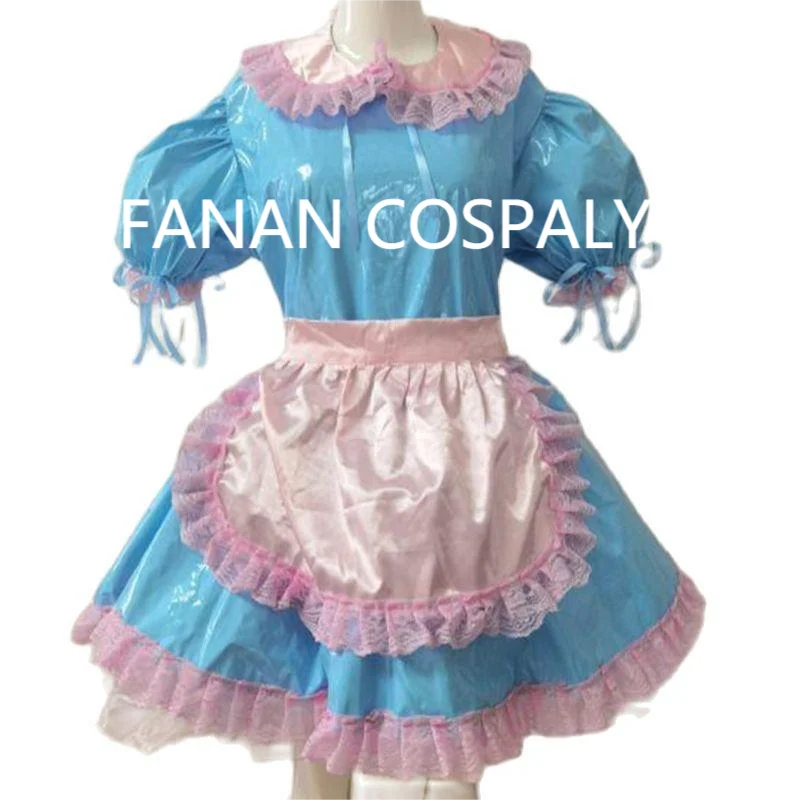 

Adult Giant Baby Sexy Girl Blue Thin PVC Girly Dress Short Sleeved Pink Satin Apron Japanese Maid Role-playing Custom Lockable