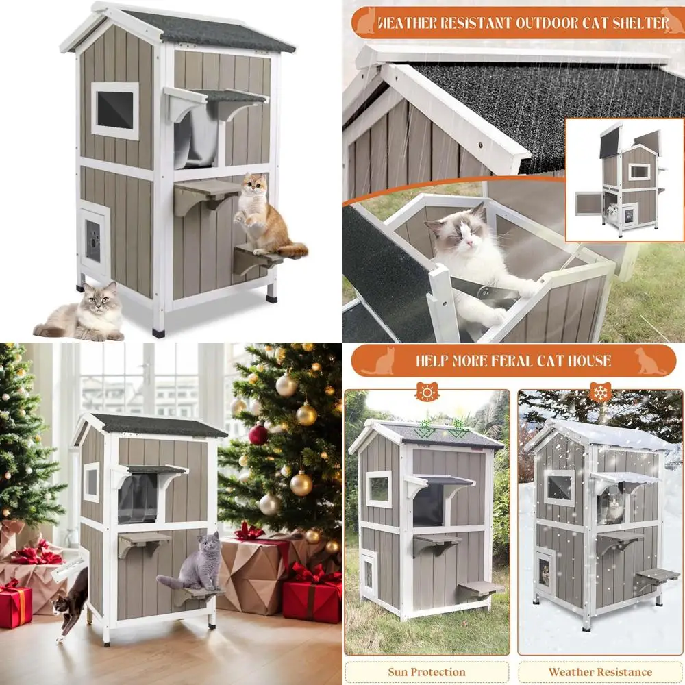 

Всепогодный уличный домик для кошек (на 1-2 кошек или мелких животных), деревянный, 23.5 Д x 27 Ш x 38 В, серый