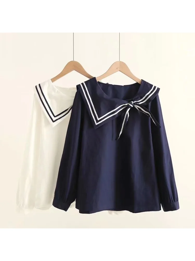 Merry Pretty High Quality Cotton Navy Blouse Plus Size Women Kawaii Long Sleeve Sailor Collar Shirt Preppy Style JK School Tops