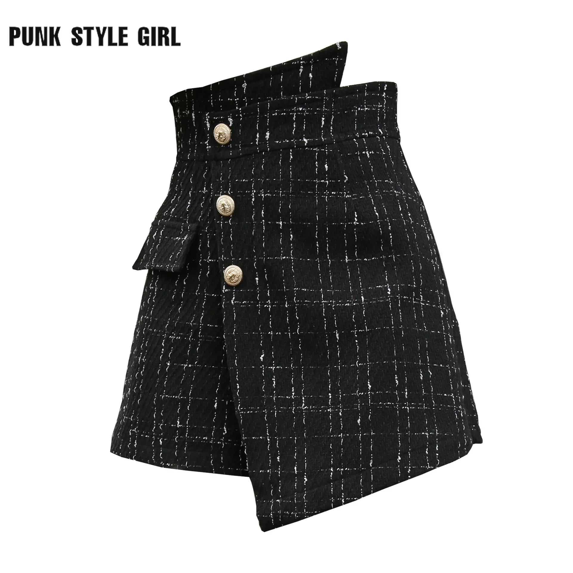 

Irregular High Waist Woolen Mini Vintage Skirt Fashion 2024 Thickened A Line Black Plaid Tweed Skirt Saia Feminina