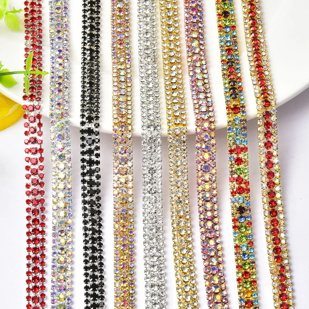 Bling 3Rows Sliver Base Colorful Sew On Rhinestone Cup Chain Gold Silver Base With Claw Dress Decoration Trim Applique