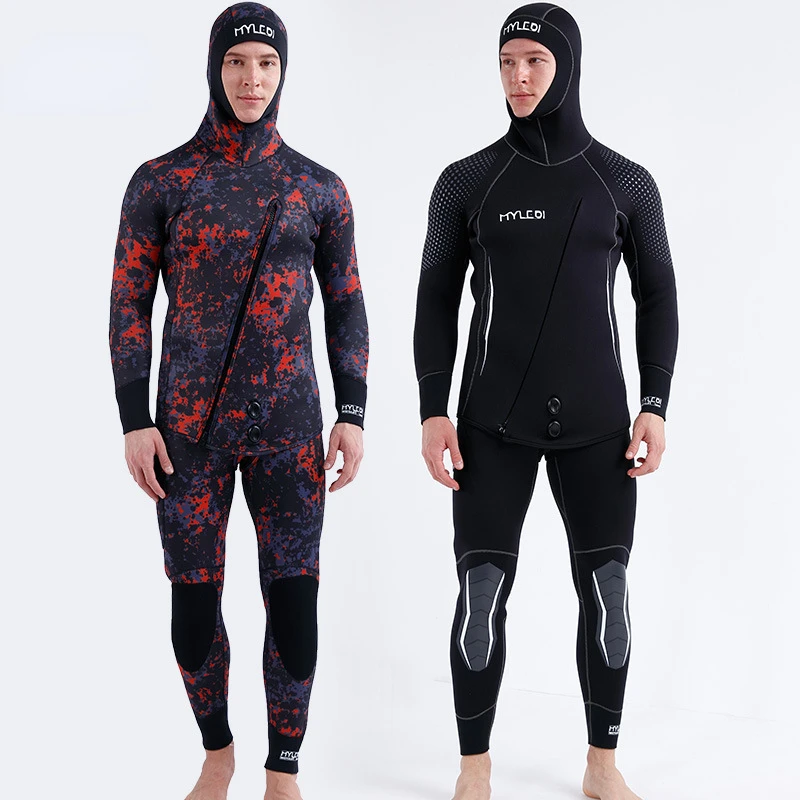 5mm Men's Camouflage Wetsuit Long Sleeve Fission Hooded 2 Pieces of Neoprene Submersible for Men Keep Warm Diving Suit