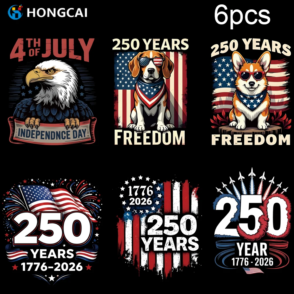

6PcsAmerican Independence Day Heat Transfer Stickers 250th Freedom Commemorative US Flag Vinyl Suitable for DIY T-Shirt Clothing
