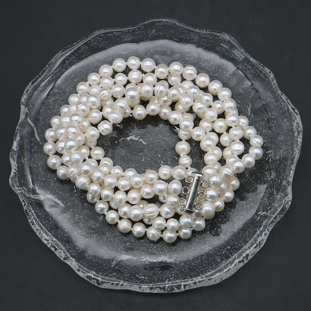 

Fashion Natural Freshwater White Irregular Pearl Straight-Hole Loose Three-Row Clasp Threaded Round Bead Necklace Jewelry Gift