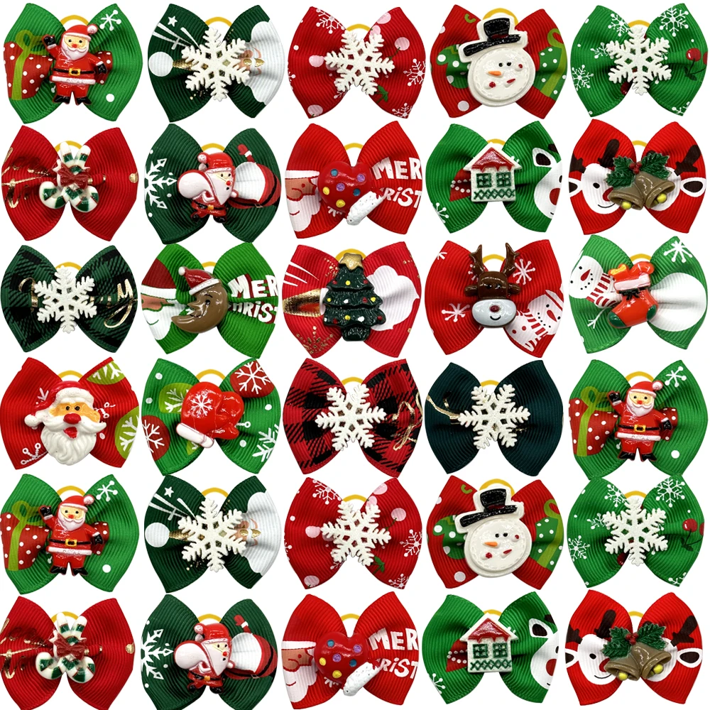 50/100PCS Christmas Decorate Dog Hair Bows Santa Clause Pet Hair Accessories Bows Rubber Bands for Small Dog Christmas Supplies