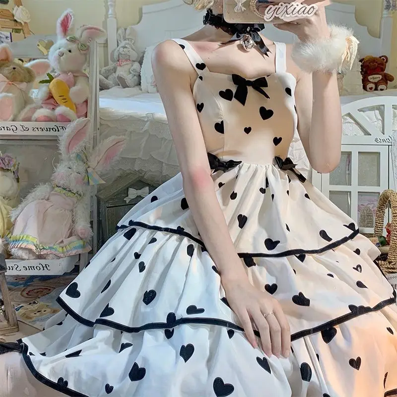 

2024 Plus Size 3XL 150kg Summer Lolita Dress Women Sleeveless Hearted Print Ladies Party Sweet Female Clothing Vestidos