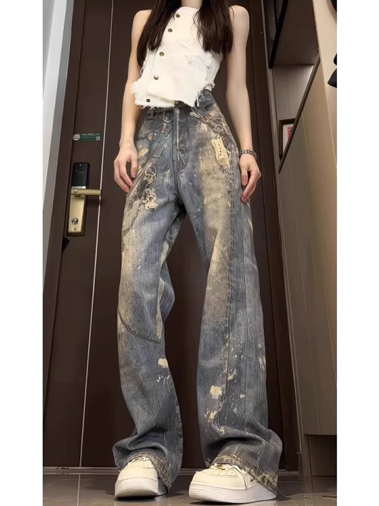 

Мужские джинсы в стиле ретро American Mud Dye с высокой талией, тонкие прямые широкие брюки длиной до пола, весенние модные дышащие джинсы свободного покроя