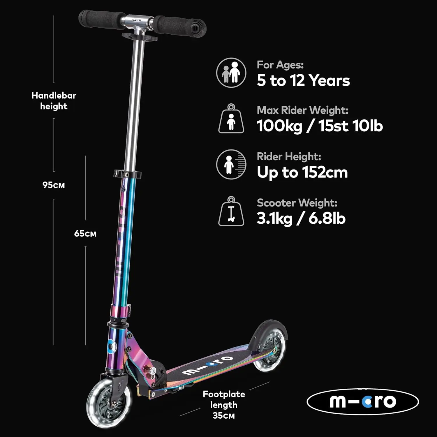 Béquille |   Sprite LED |   2 roues |   Plier à transporter |   Scooter léger de conception suisse |   Roues lumineuses |   Enfants et adolescents, A