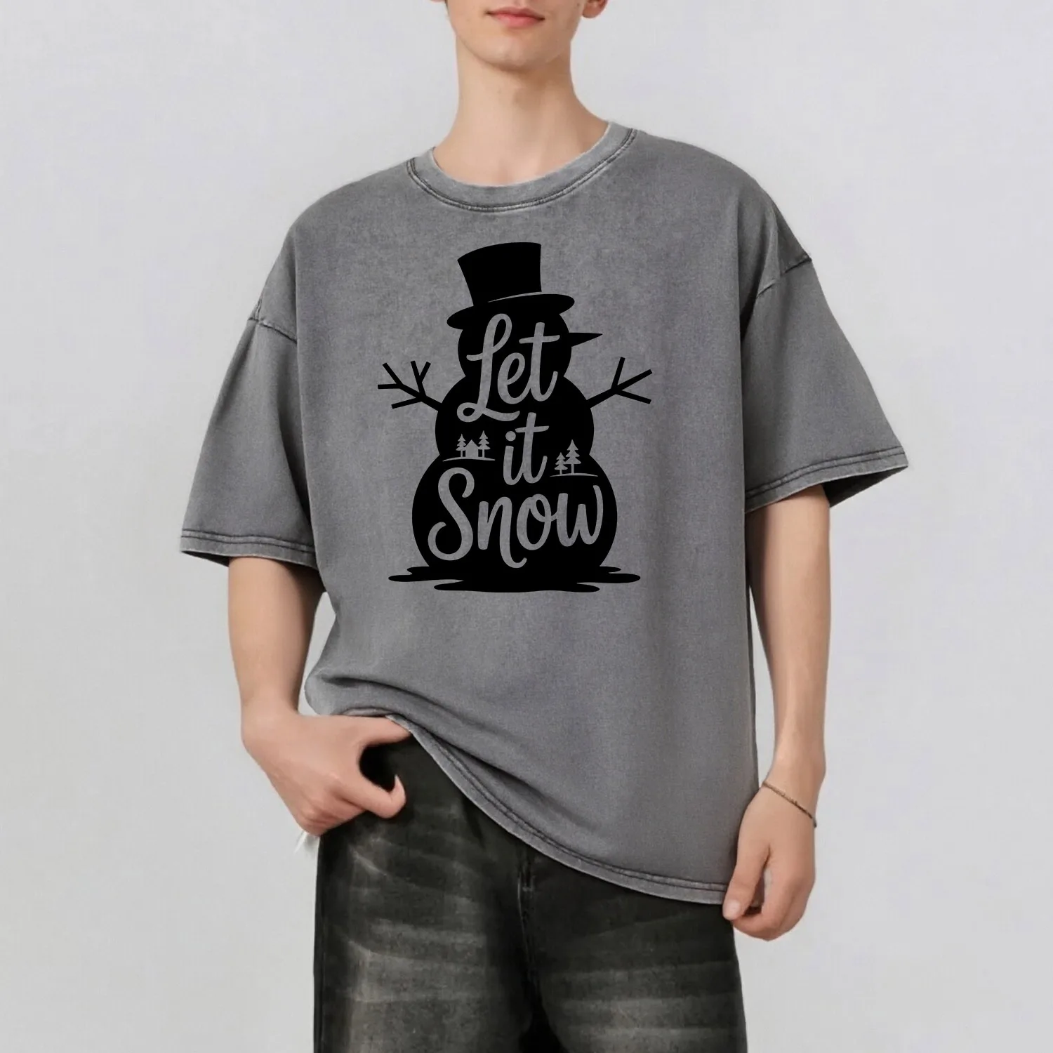 

Snowman Graphic Printing Men's Summer Retro Style Washed Water T-Shirt Casual Short Sleeved Basic Men's Top 230G