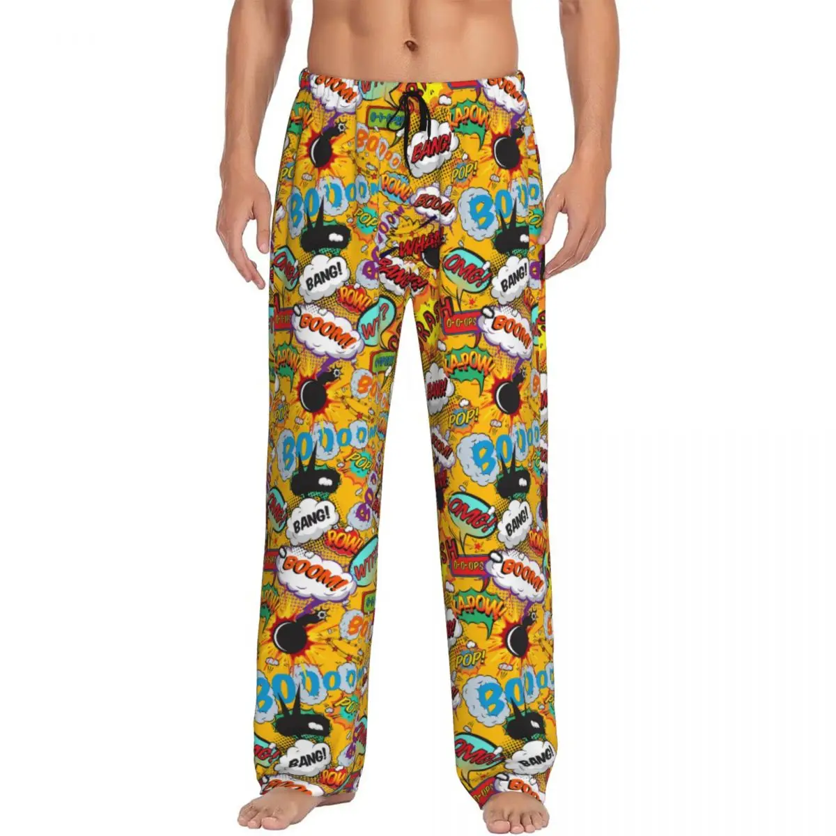 Custom Printed Superhero Comic Book Pop Art Shout Outs Cartoon Pajama Pants for Men Sleep Sleepwear Bottoms with Pockets