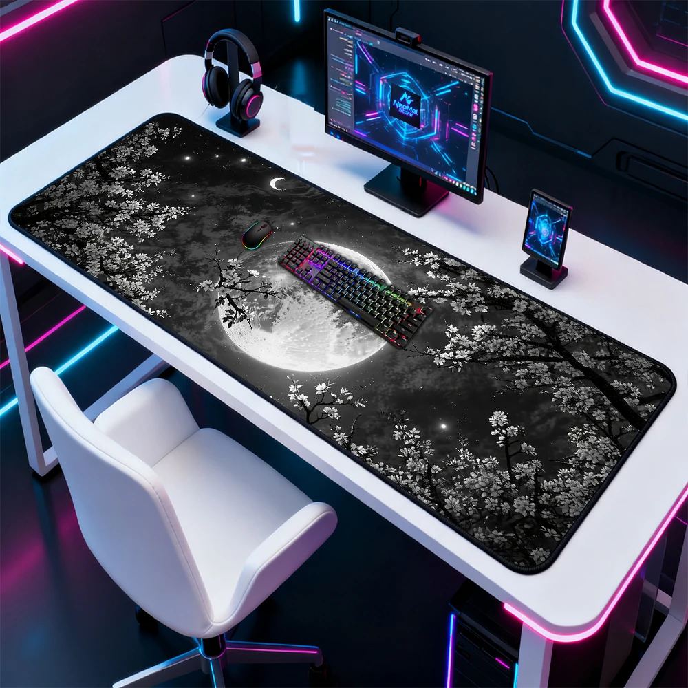 Starry Japanese Table Mat Gaming Table Mat 1600x600 Cherry Blossom Moon Night 1400x600 Giant 5mm White Black Aesthetic Pc