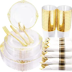 Transparent Gold Lace Rim Plastic Disposable Dinnerware Plates Forks Spoons Knives Cups Napkins for Banquet Party Supplies