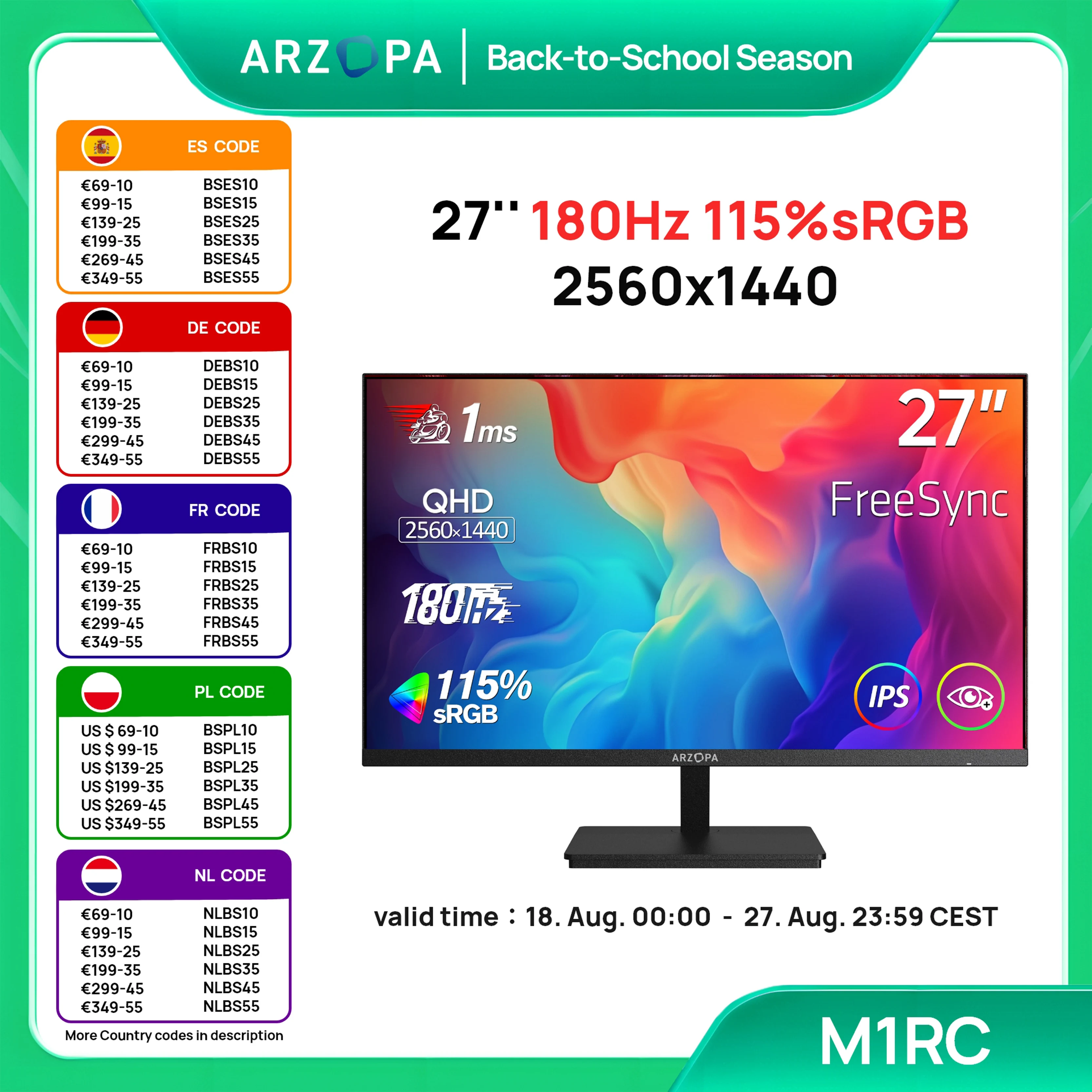 ARZOPA Monitor da 27 pollici 180Hz QHD 2K FastIPS FreeSync Monitor da gioco portatile Secondo schermo M1RC