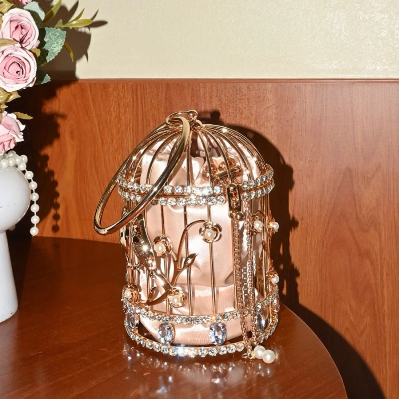 

Luxury Metallic Birdcage Clutch Bag with Diamond Detailing for Women Elegant Ladies Handbag for Party Wedding Dinner