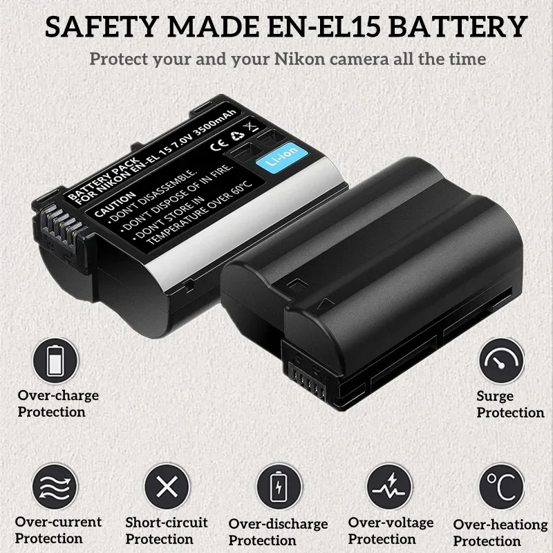 1-5Pack of EN-EL15 7.0V 3500mAh Batteries for Nikon D850,D7500,1 V1,D500,D600,D610,D750,D800,D810,D810A,D7000 Digital SLR Camera