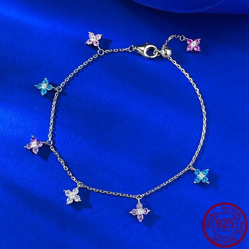 

New S925 sterling silver ins style dopamine four leaf clover colored diamond bracelet anklet daily fashion style wedding jewelry