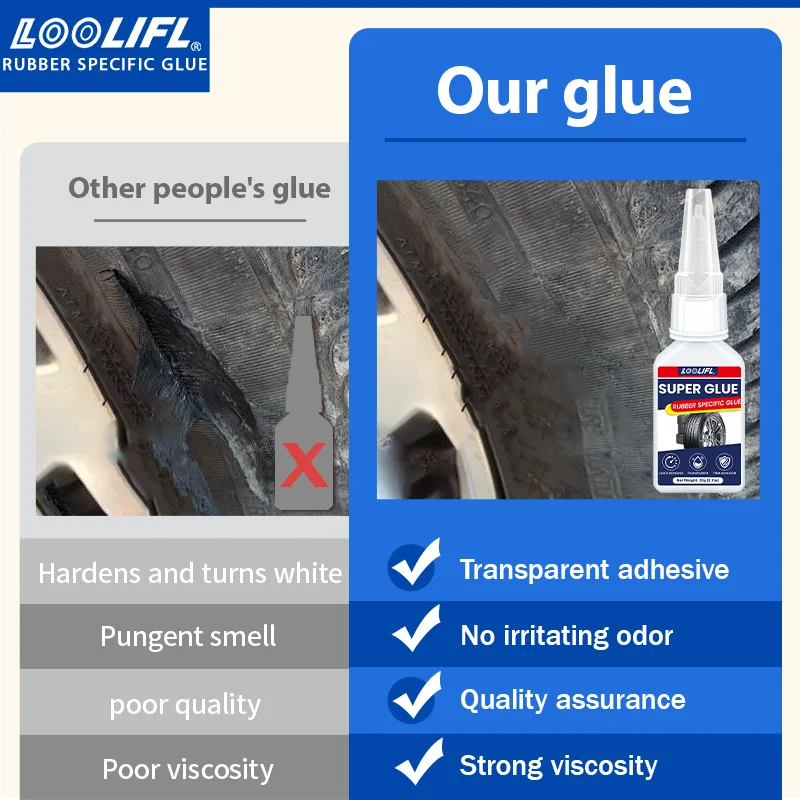 LOOLIFL – liquide adhésif pour réparation de pneus, 20ML, caoutchouc solide, résistant à l'usure, adhésif non corrosif, réparation du cuir instantanée également