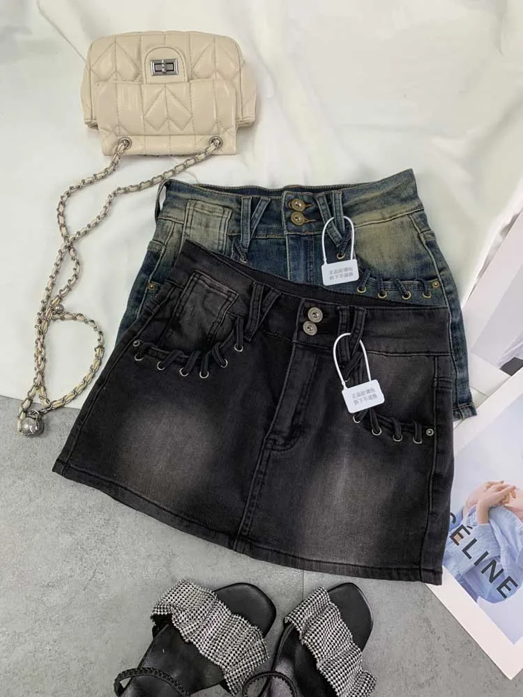 Korean vintage denim short skirt spring slim and versatile stretch high waisted skirt strap wrapped hip design short skirt