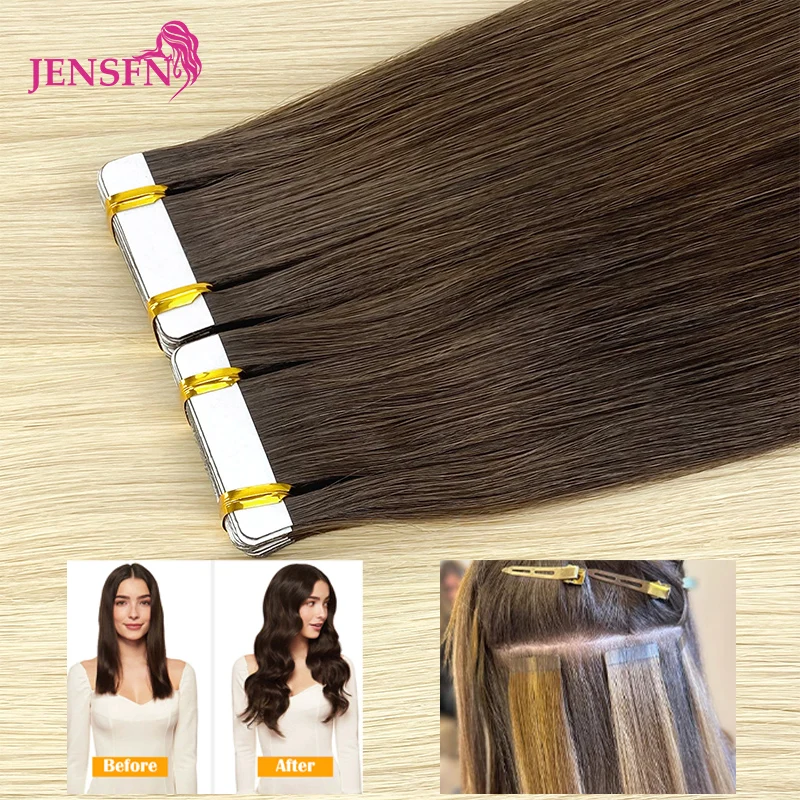 JENSFN – Extensions de cheveux naturels 100% Remy, lisses, invisibles, avec trame de peau, brun, blond, pour femmes