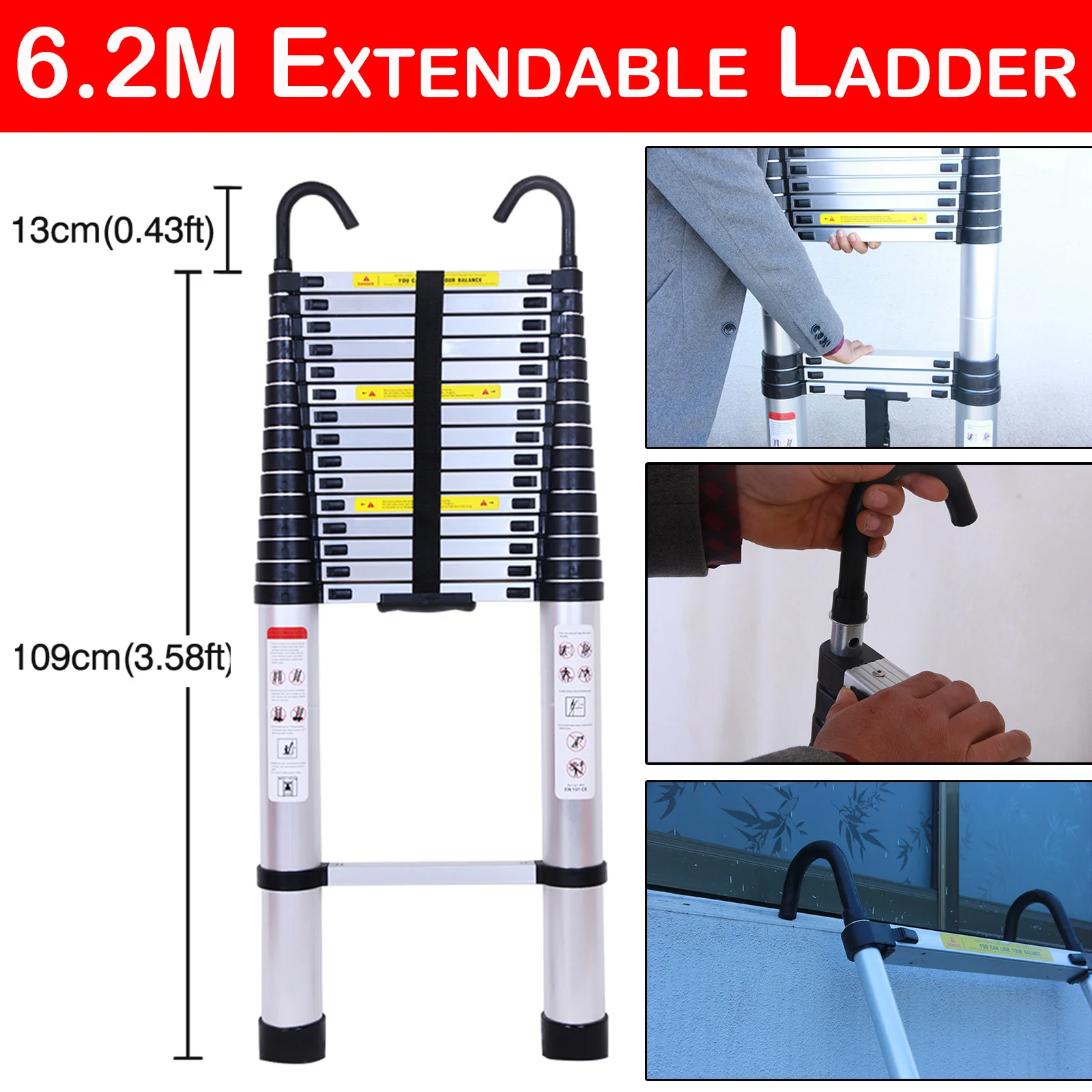 Telescopische ladder 2,6 m-6,2 m, draagbare uitschuifbare multifunctionele opvouwbare aluminium ladder, zware verlengingstap