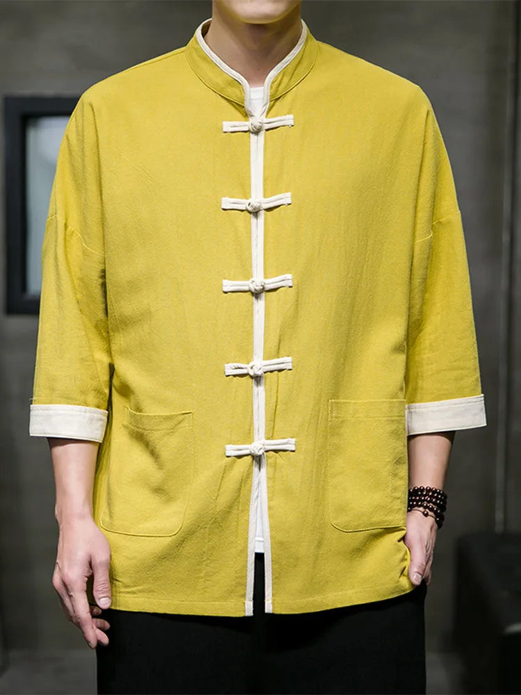 

Мужской костюм в стиле реформированного тан-костюма для молодежи, новый китайский стиль, из хлопка и льна, на пуговицах, дышащий, в стиле монашеского халата, сорочка